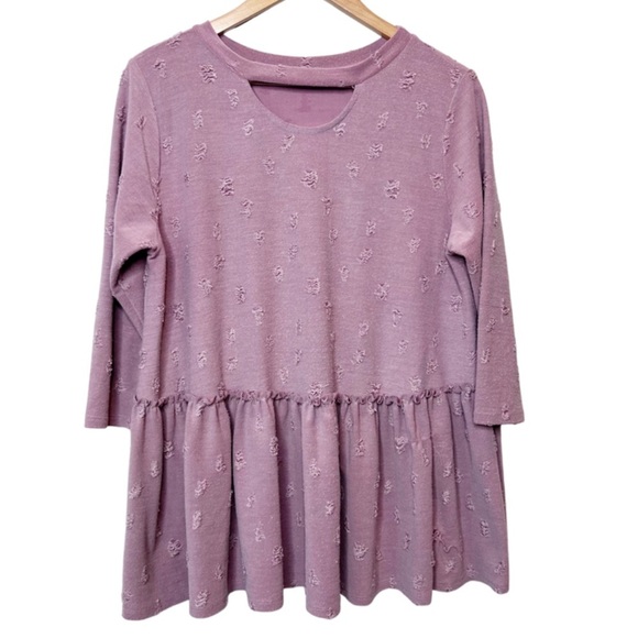 Entro Women’s Pink Rose Distressed Babydoll Tier Ruffle Keyhole Cutout Blouse - Picture 2 of 15